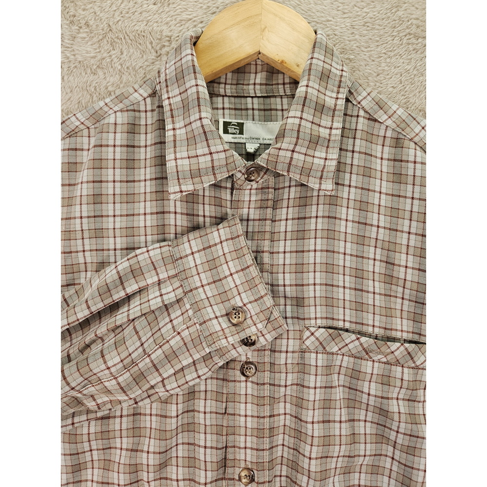 Tilley Plaid Shirt Made in Canada Brown Red Beige Check Pattern